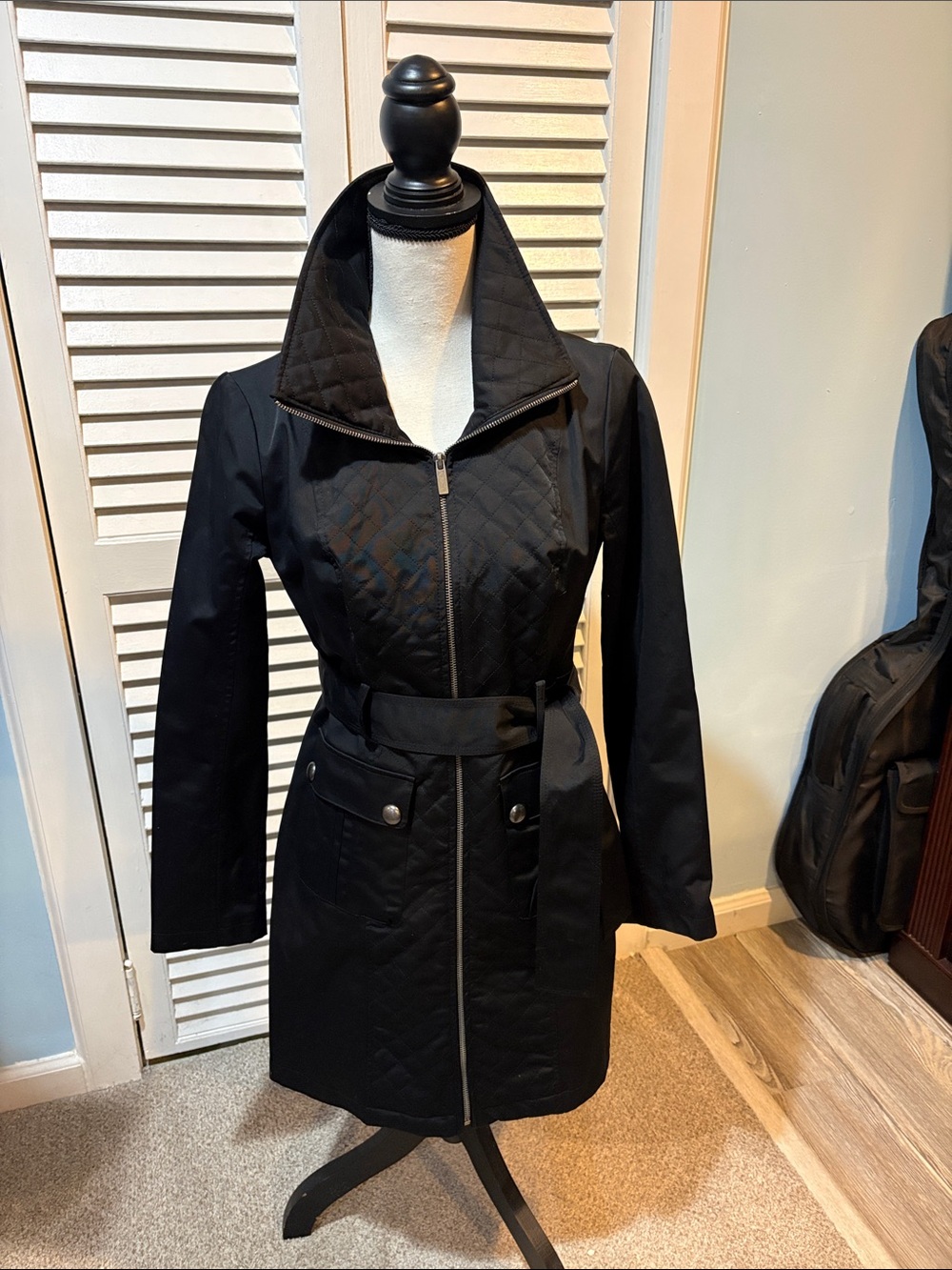 New York & Company Black Quilted Belted Trench Coat